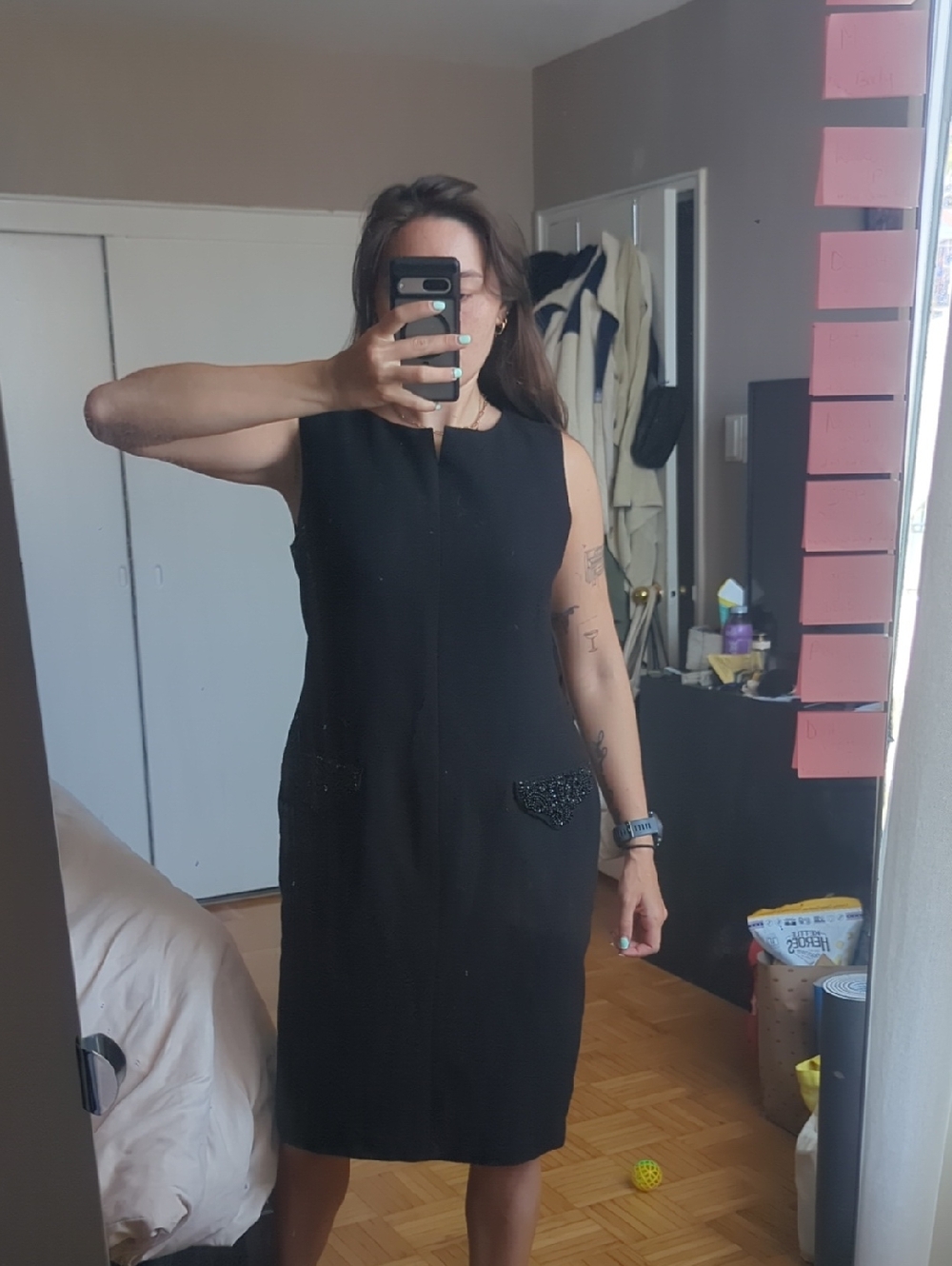 Jones New York Black Sleeveless Midi Dress with Beaded Pocket Accents
